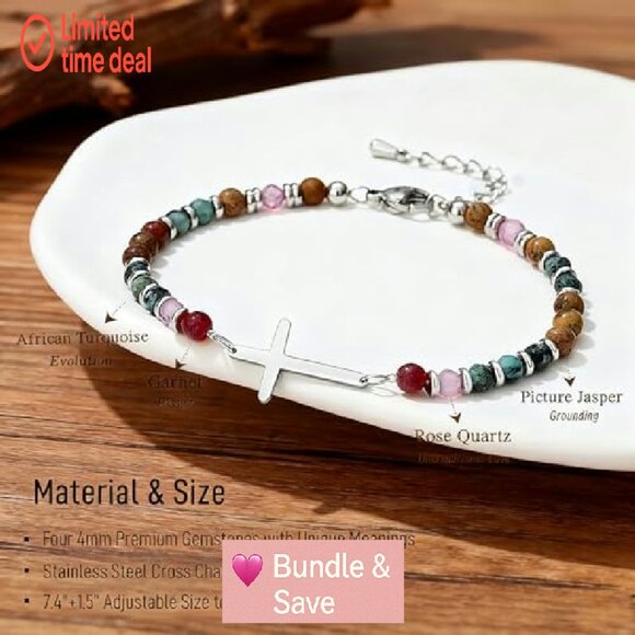 Adjustable Cross Bracelet Stainless Steel Natural Stones 6.5-8 Inch Wrist - Picture 5 of 6